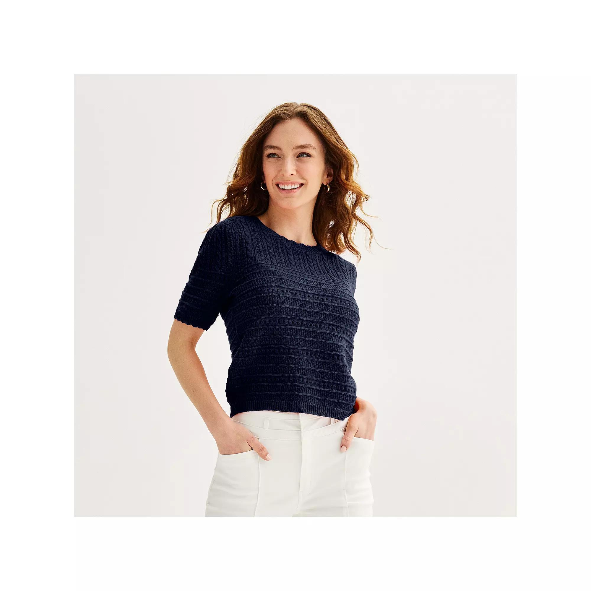 Women's Draper James Short Sleeve Pointelle Sweater, Size: Large, Blue Product Image