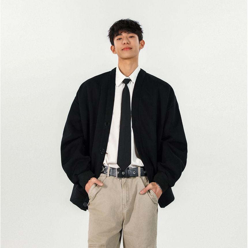 V-Neck Button-Up Plain Jacket Product Image