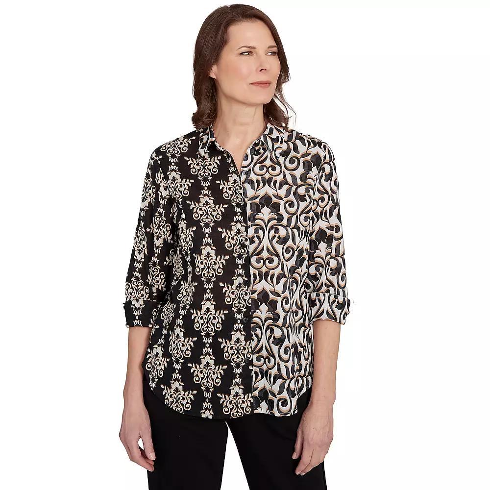 Alfred Dunner Petite Medallion Twin Print Button-Front Top, Women's, Size: Large Petite, Black Team Product Image