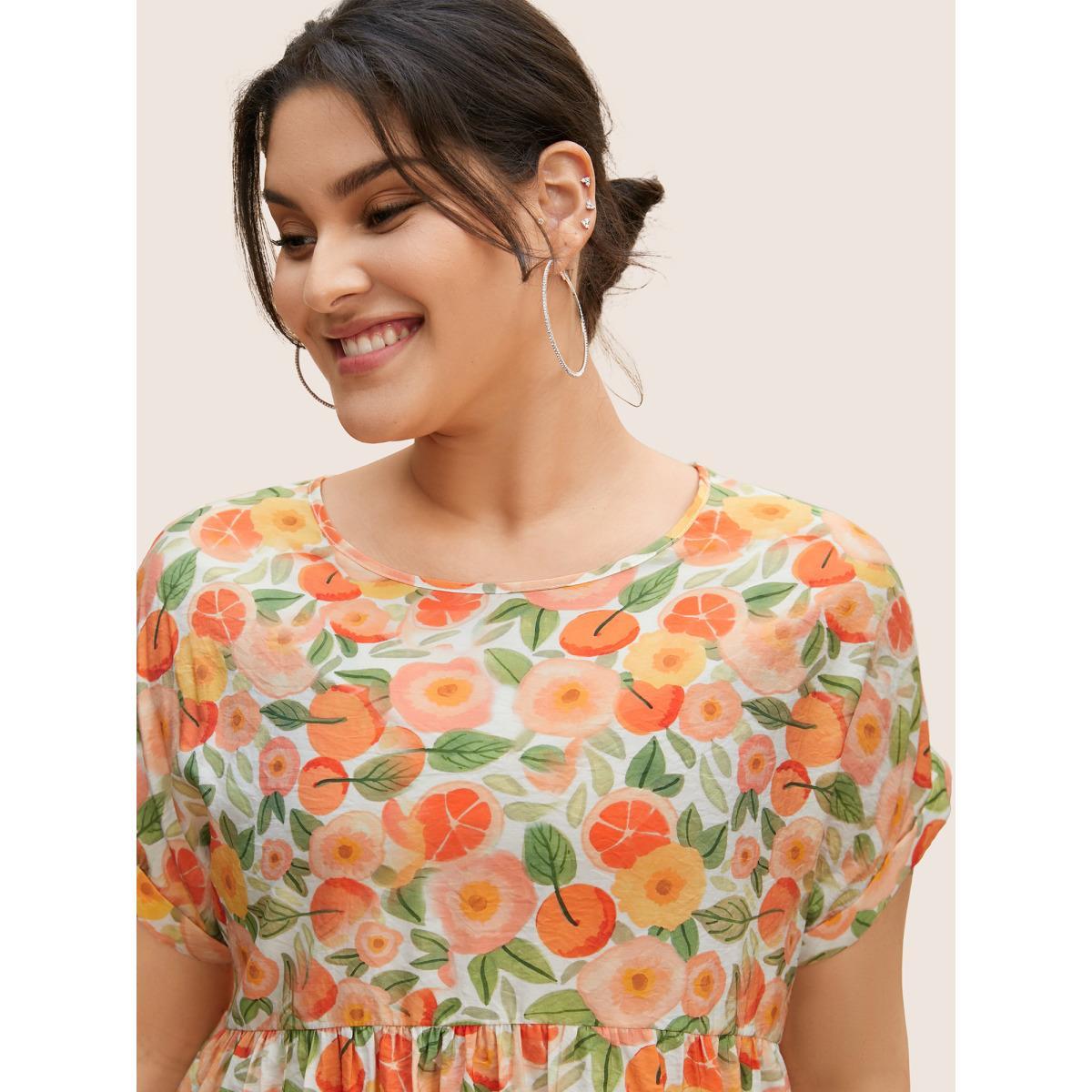Plus Size Salmon Fruit Print Curved Hem Batwing Sleeve Blouse Women Casual Cap Sleeve Round Neck Everyday Blouses BloomChic 28/5X Product Image