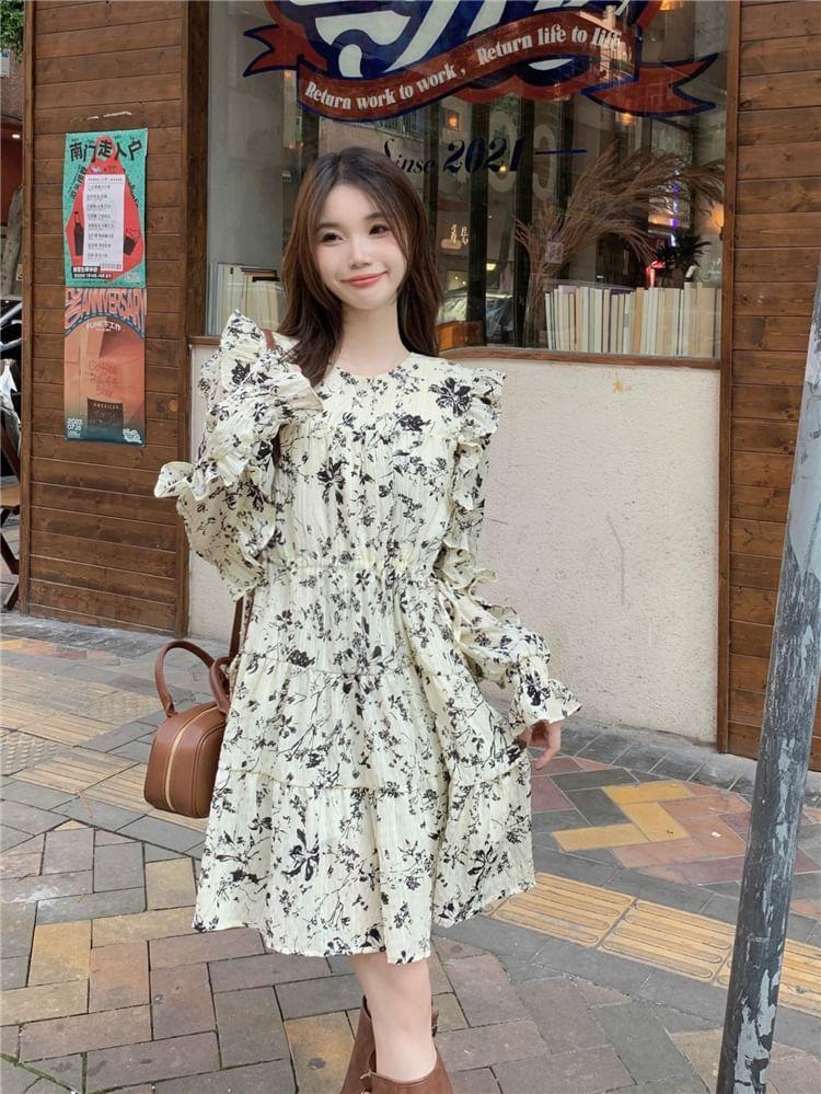Long-Sleeve Round Neck Floral Ruffle Trim A-Line Dress Product Image