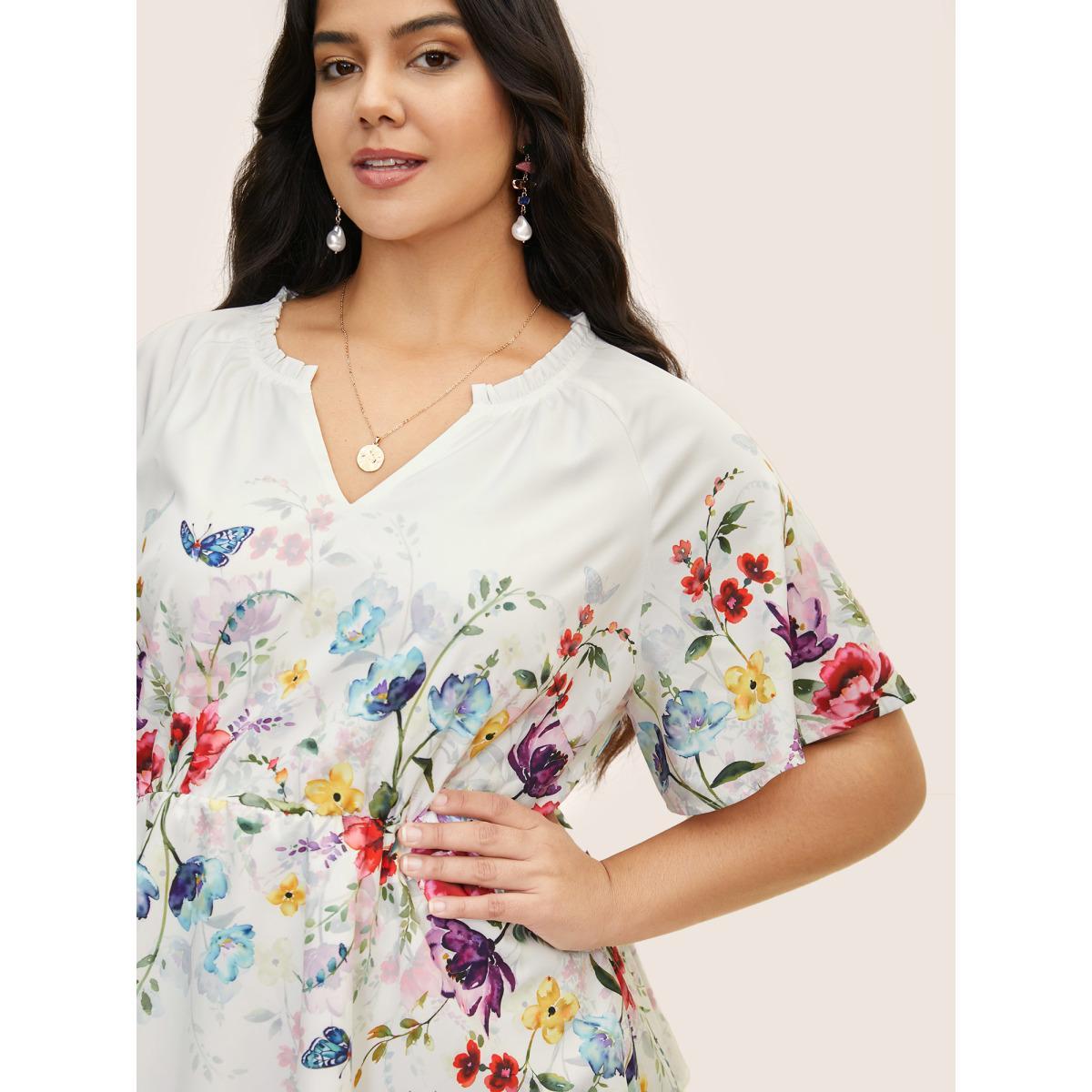 Plus Size Multicolor Floral Flat Collar With V Notch Frill Trim Blouse Women Elegant Short sleeve Flat collar with V-notch Everyday Blouses BloomChic 12/L Product Image