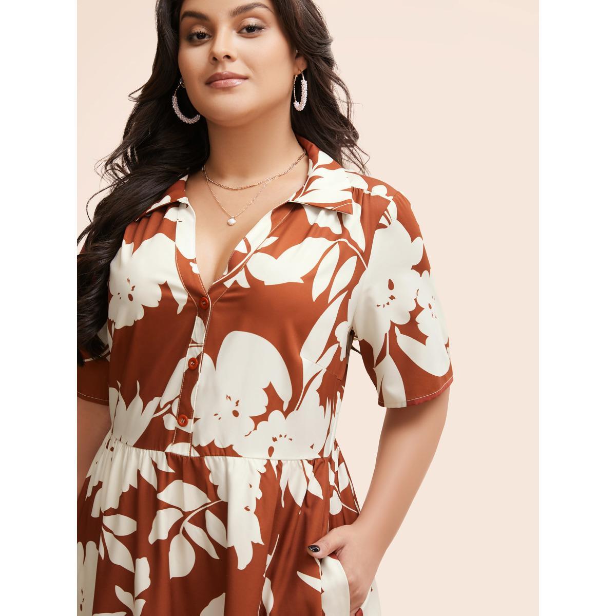 Plus Size Silhouette Floral Print Button Detail Midi Dress Russet Women Elegant Button Shirt collar Short sleeve Curvy BloomChic 14-16/1X Product Image