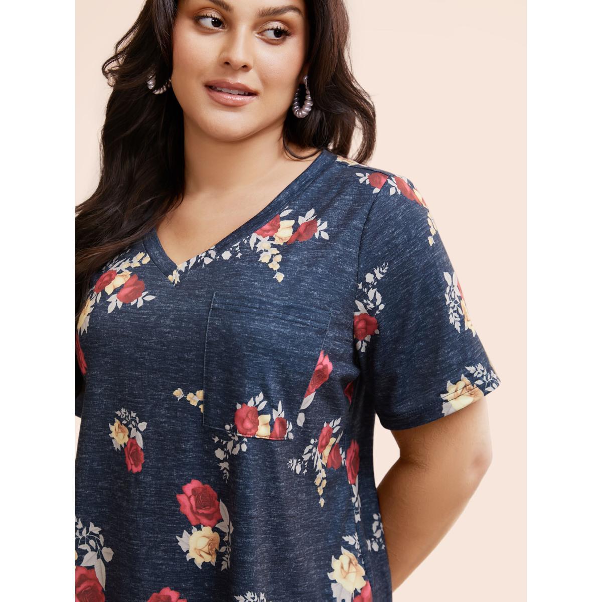 Plus Size Floral Print Heather Patched Pocket T-shirt Multicolor Women Elegant Printed Floral V-neck Dailywear T-shirts BloomChic 30/6X Product Image