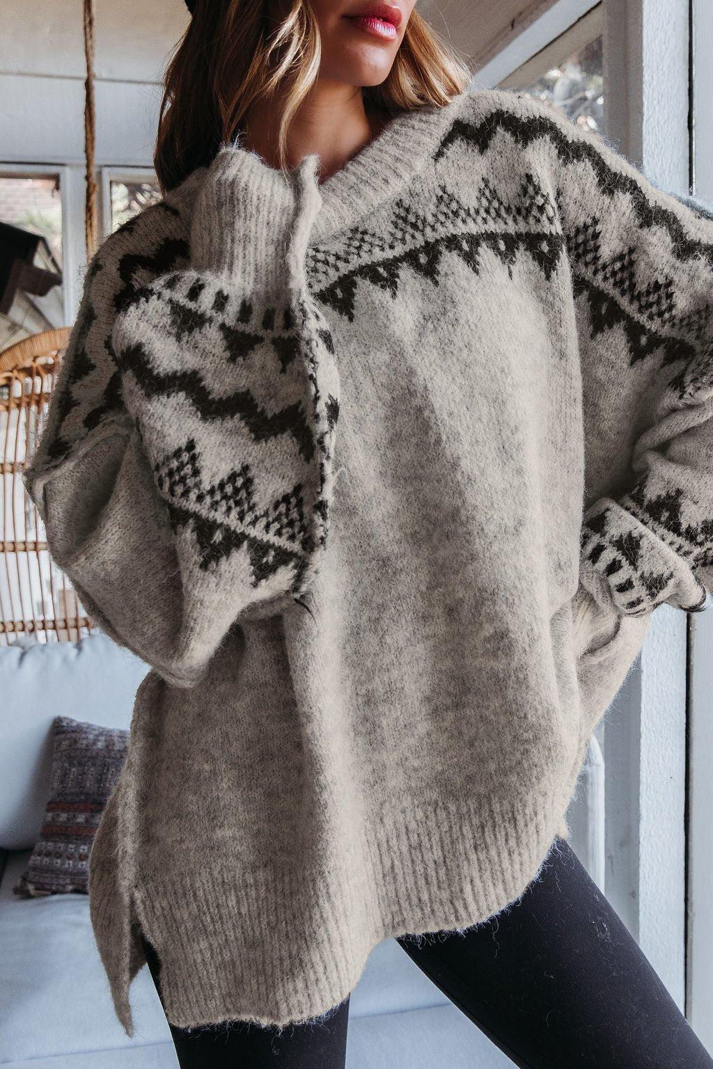 Oversized Mocha Fair Isle Pullover Sweater Product Image