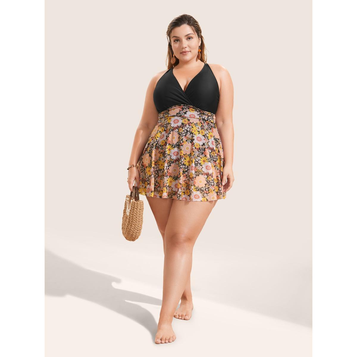Plus Size Natural Flowers Patchwork Mesh Gathered Swim Dress Women's Swimwear Multicolor Beach Bodycon V-neck High stretch Curve Swim Dresses BloomChic 18-20/2X Product Image