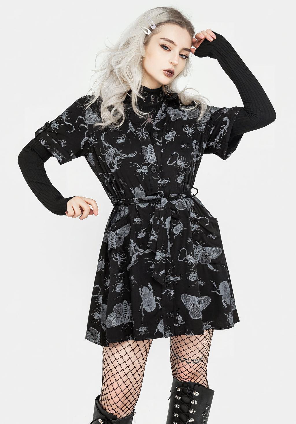 Parasite Bugs Short Sleeve Mini Shirt Dress - Black Product Image