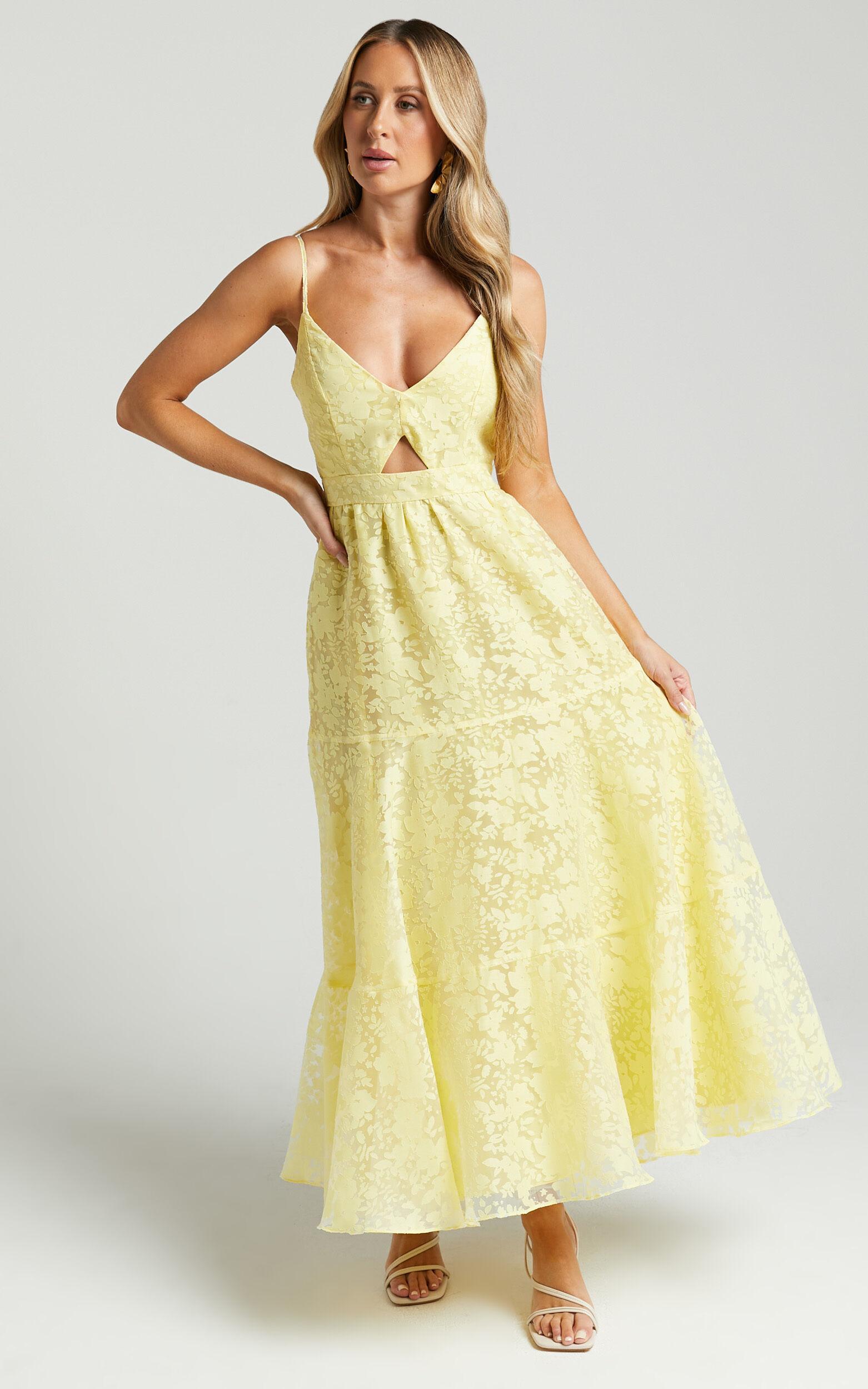 Jorie Midi Dress - Strappy Front Cut Out Tiered Skirt in Pastel Yellow Product Image