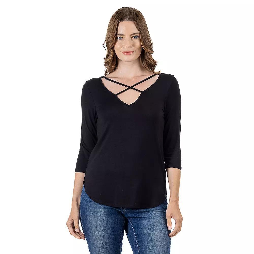Women's 24Seven Comfort Apparel Criss Cross Round Hemline Tunic Top, Size: Medium, Black Product Image