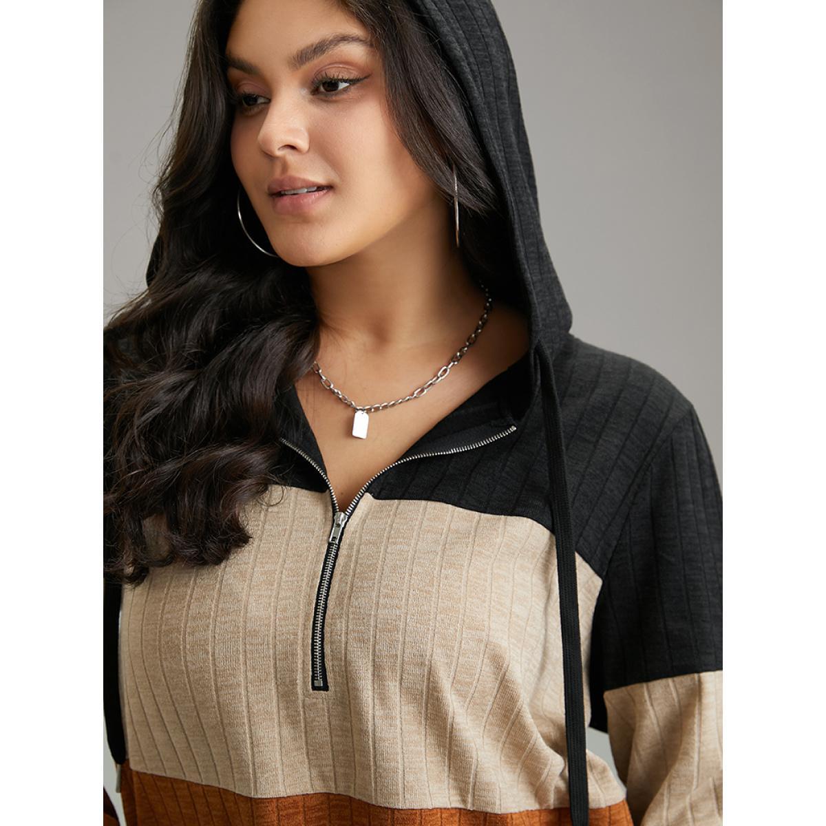 Plus Size Rib Knit Colorblock Contrast Half Zip Hooded Sweatshirt Women Black Casual Texture Hooded Dailywear Sweatshirts BloomChic 26/4X Product Image