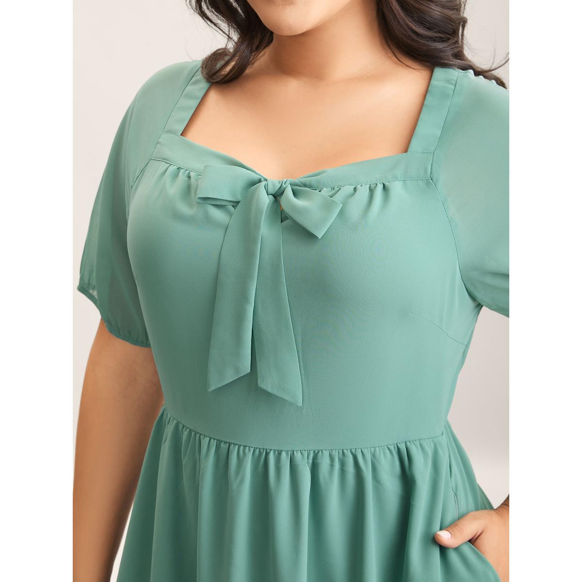 Plus Size Chiffon Ribbon Collar Waist-Cinched Dress Teal Women Square Neck Short sleeve Curvy BloomChic 26/4X Product Image