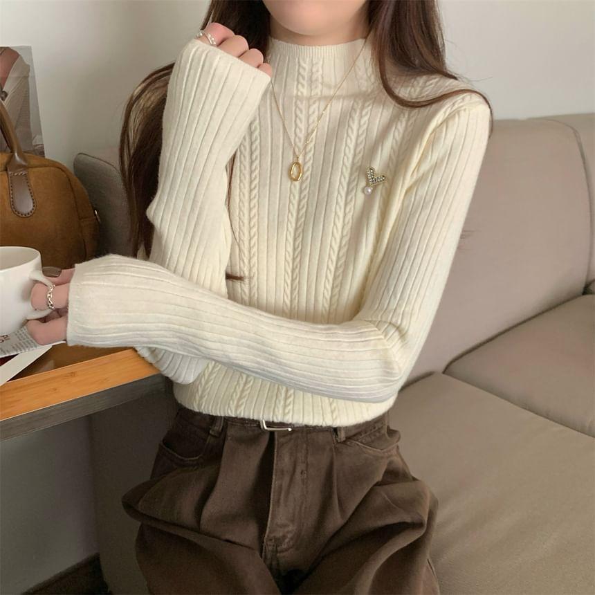 Mock Neck Plain Cable Knit Sweater Product Image
