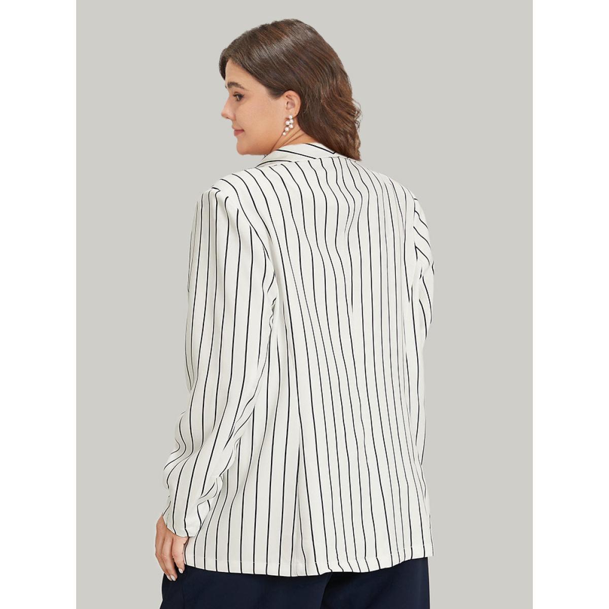Plus Size Striped Pocket Gathered Lapel Collar Blazer White Women Work Striped Gathered Sleeve Long Sleeve Lapel Collar 10/M Pocket Office Blazers BloomChic Product Image