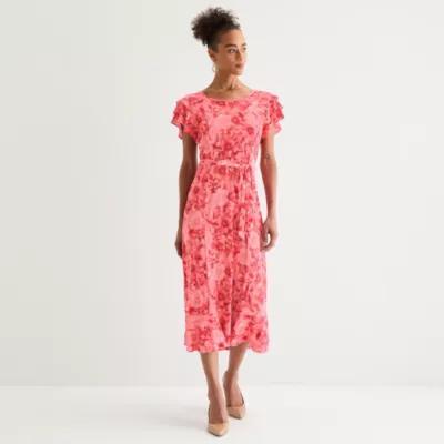 Perceptions Womens Short Sleeve Floral Midi Fit + Flare Dress Product Image