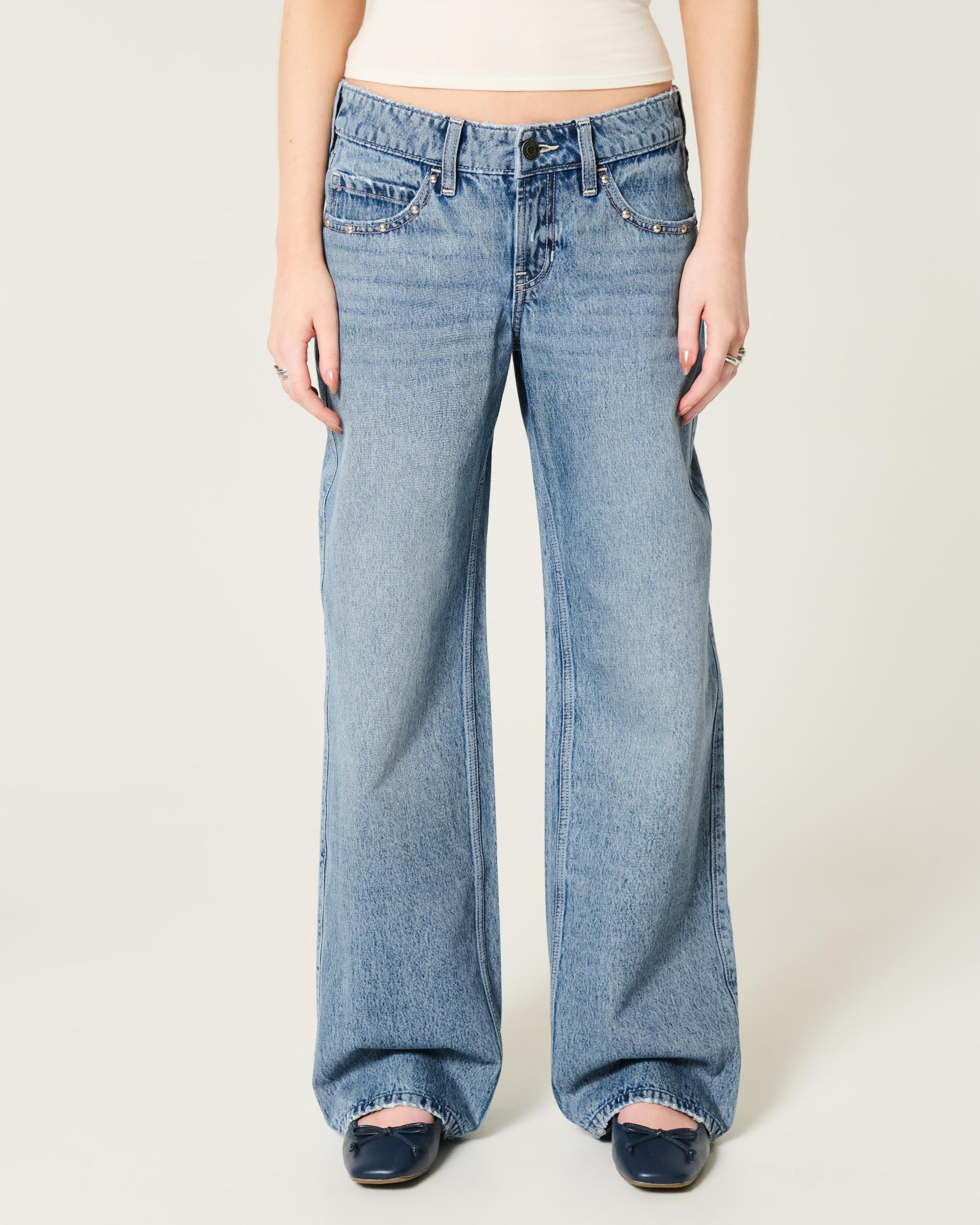 Low-Rise Medium Wash Studded Baggy Jeans Product Image
