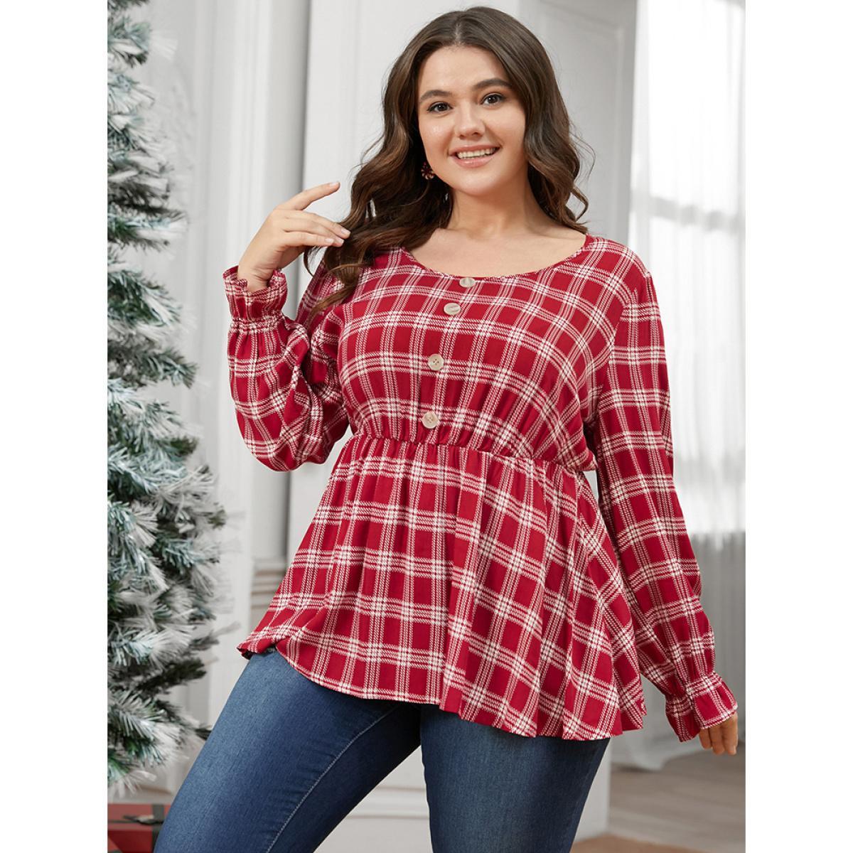 Plus Size Raspberry Tartan Button Detail Lantern Sleeve Blouse Women Elegant Long Sleeve V-neck Dailywear Blouses BloomChic 12/L Product Image