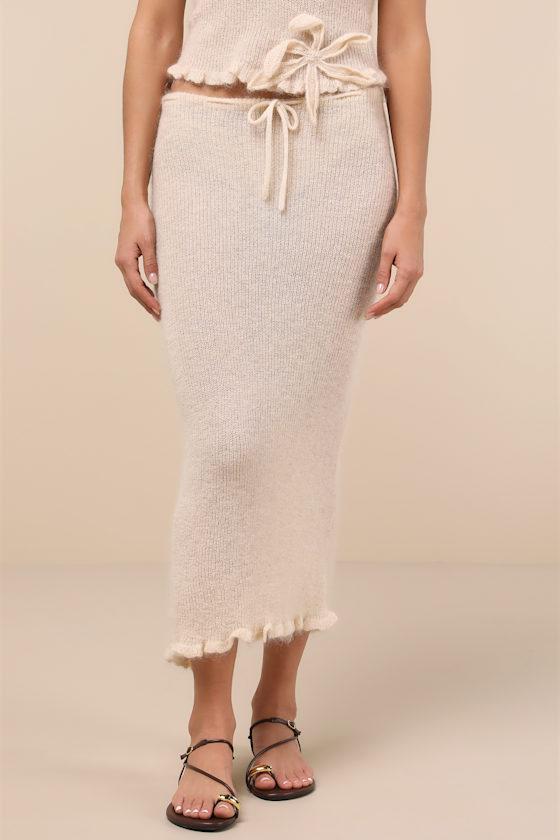 Mimi Cream Semi-Sheer Knit Drawstring Midi Skirt Product Image