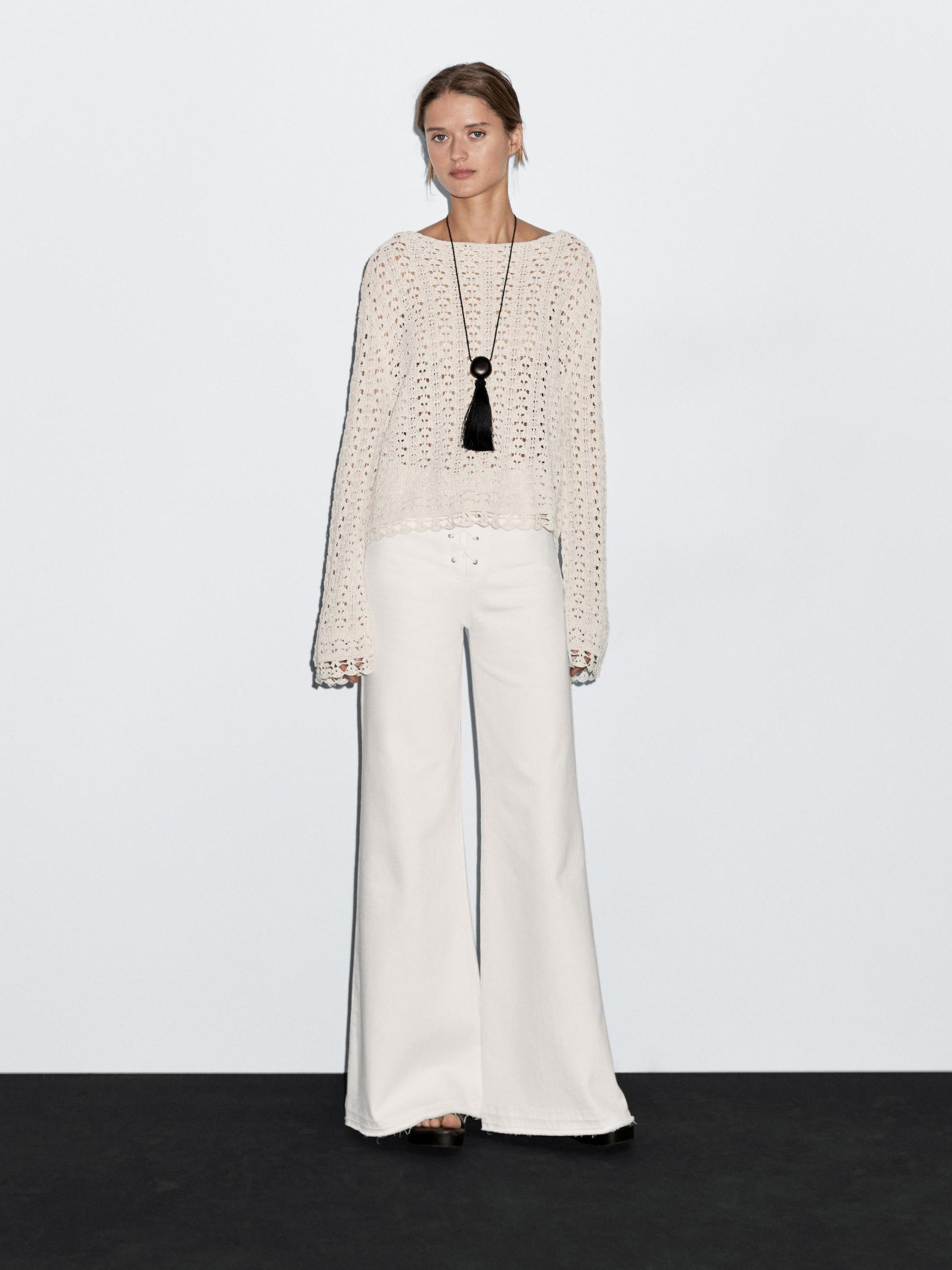 Cotton blend openwork crochet sweater Product Image