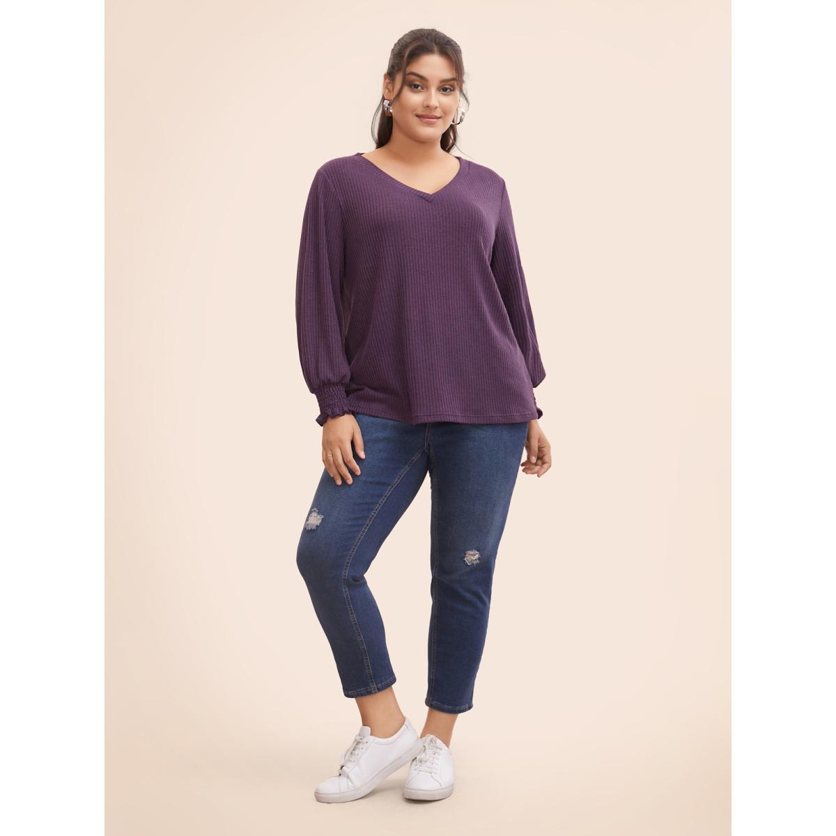Plus Size Solid Rib Knit Lantern Sleeve Shirred T-shirt Mauve Women Casual Texture V-neck Everyday T-shirts BloomChic 28/5X Product Image