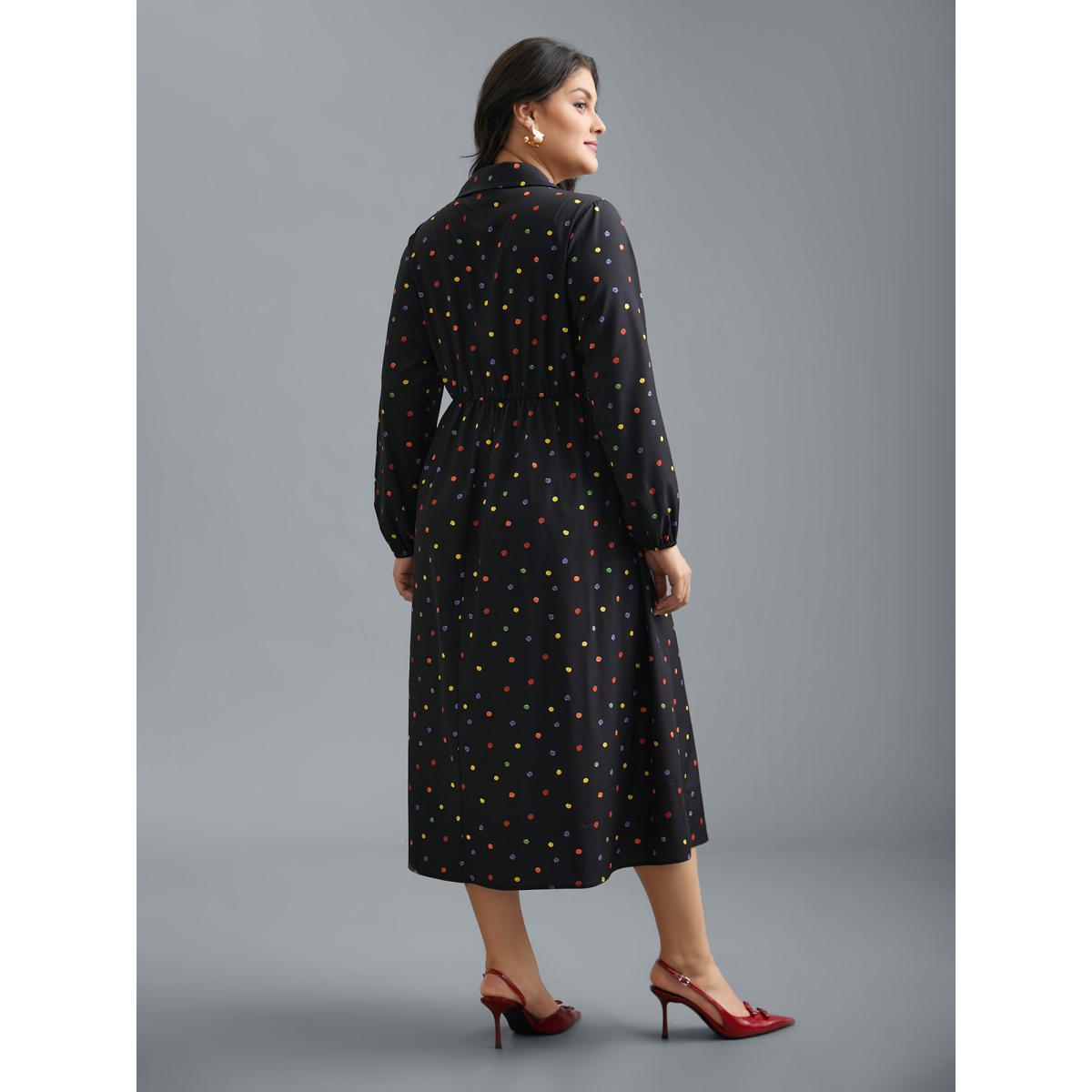 Plus Size Shirt Collar Colored Polka Dot Dress Black Women Elegant Button Shirt collar Long Sleeve Curvy BloomChic 12/L Product Image