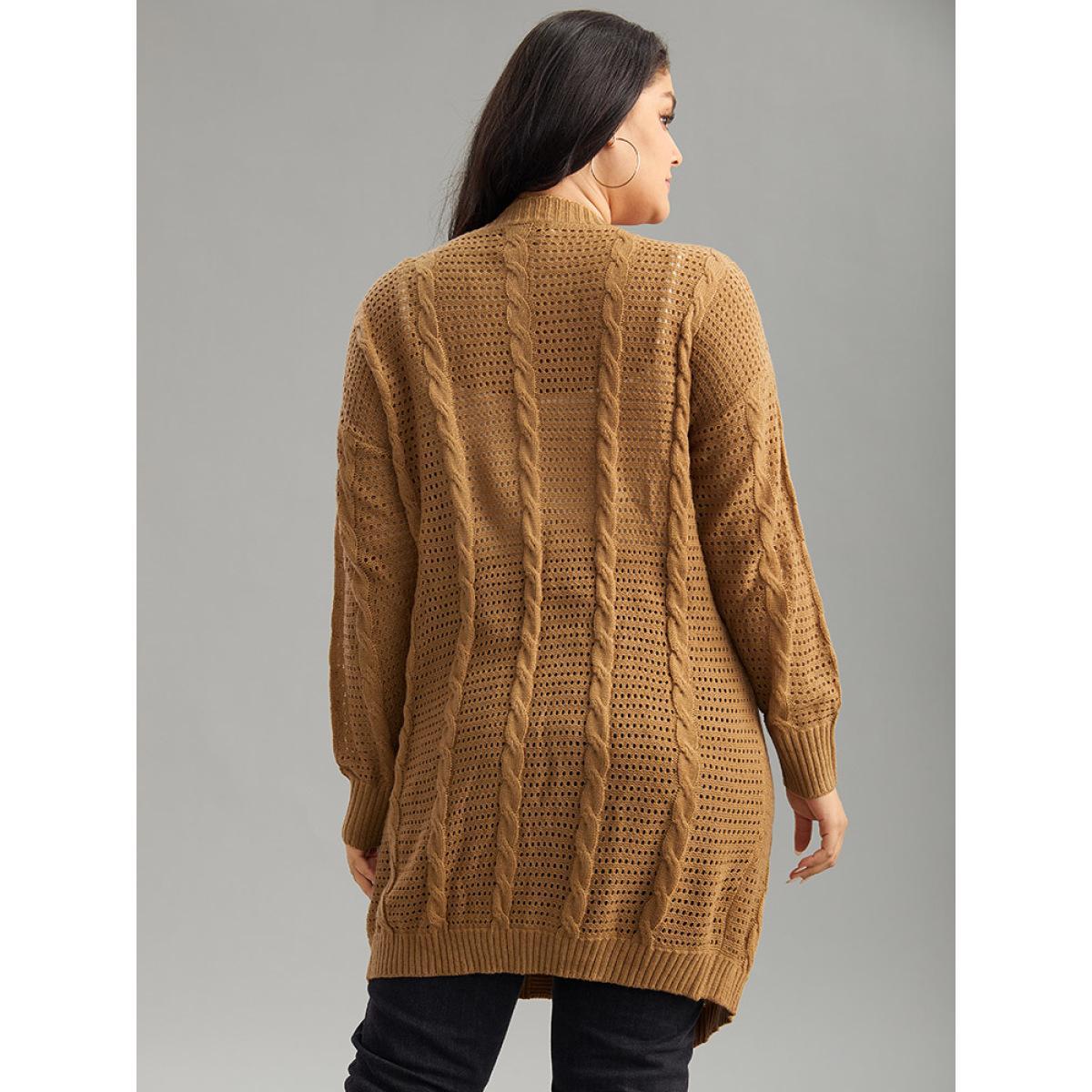 Plus Size Plain Cable Knit Elastic Cuffs Cardigan Bronze Women Casual Loose Long Sleeve Dailywear Cardigans BloomChic 14-16/1X Product Image