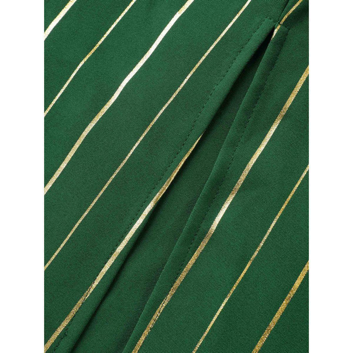 Plus Size Gold Shimmery Stripes Pockets Midi Dress DarkGreen Women V-neck Short sleeve Curvy BloomChic 30/6X Product Image