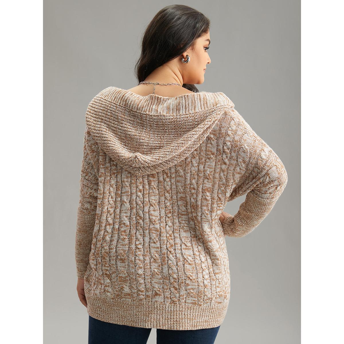 Plus Size Cable Knit Hooded Button Through Cardigan Bronze Women Casual Loose Long Sleeve Dailywear Cardigans BloomChic 28/5X Product Image