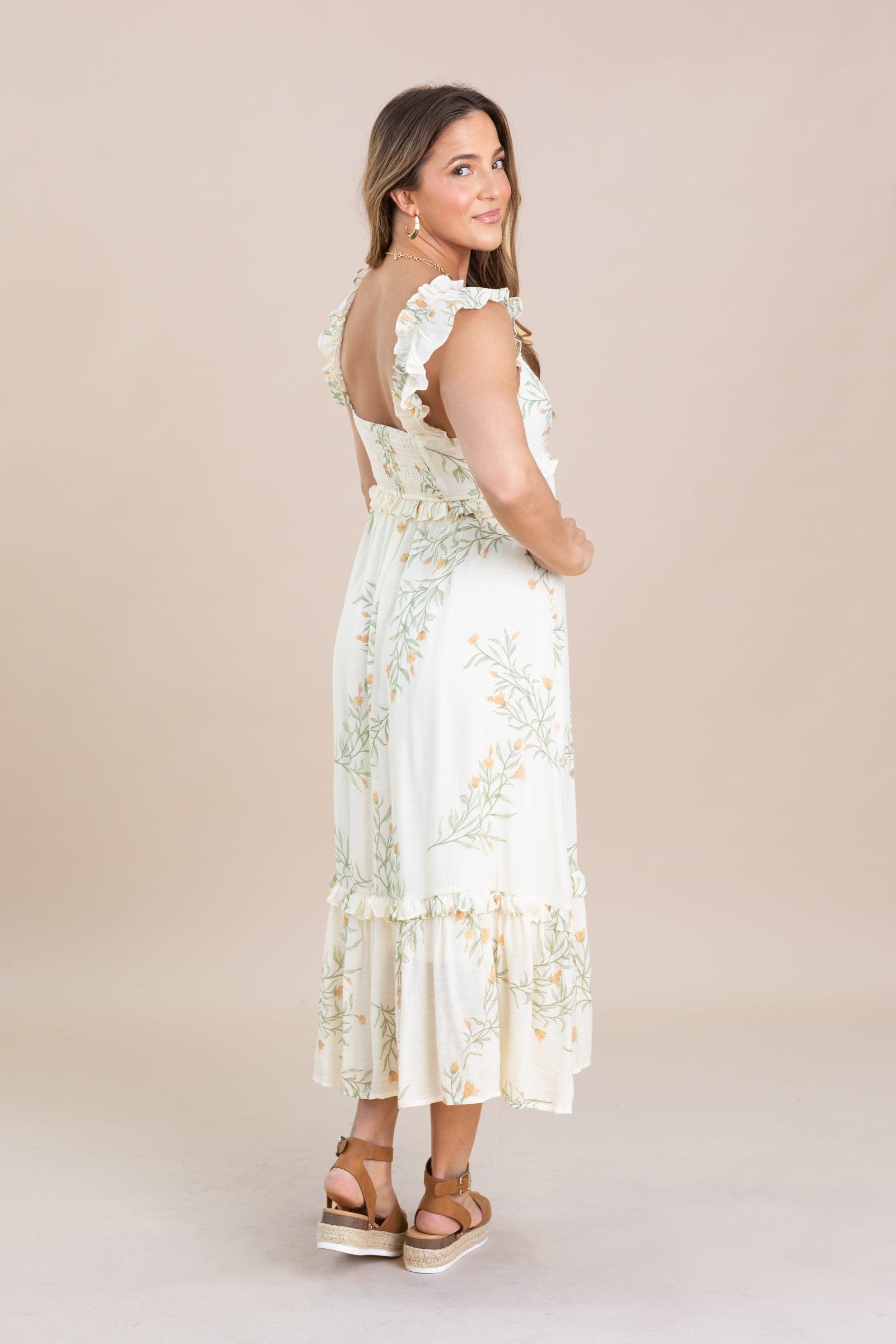 Ivory Floral Ruffle Detail Midi Dress Product Image