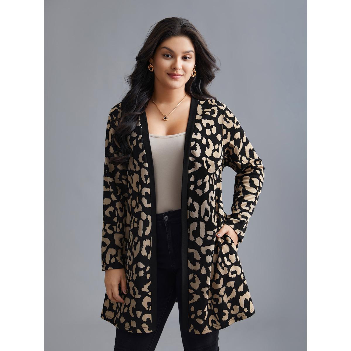 Plus Size Leopard Print Color Contrast Kimono Women LightBrown Elegant Contrast Loose Side seam pocket Everyday Kimonos BloomChic 26/4X Product Image
