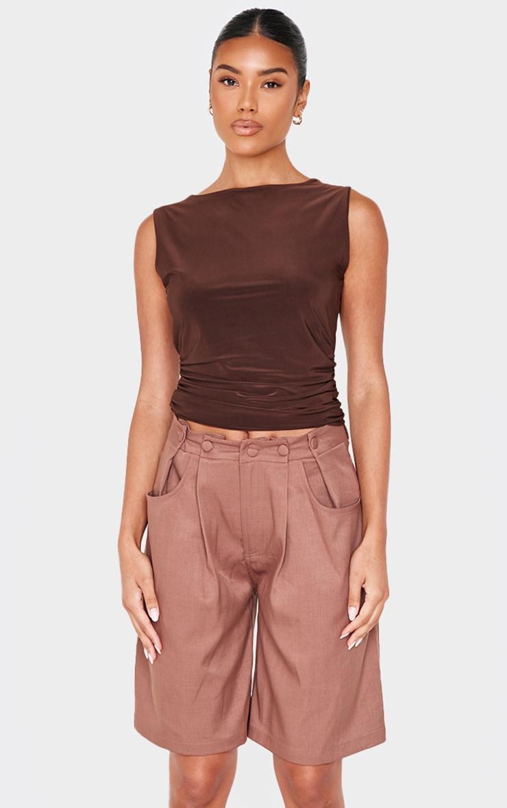 Chocolate Brown Tailored Woven Extendable Waist Long Shorts Product Image