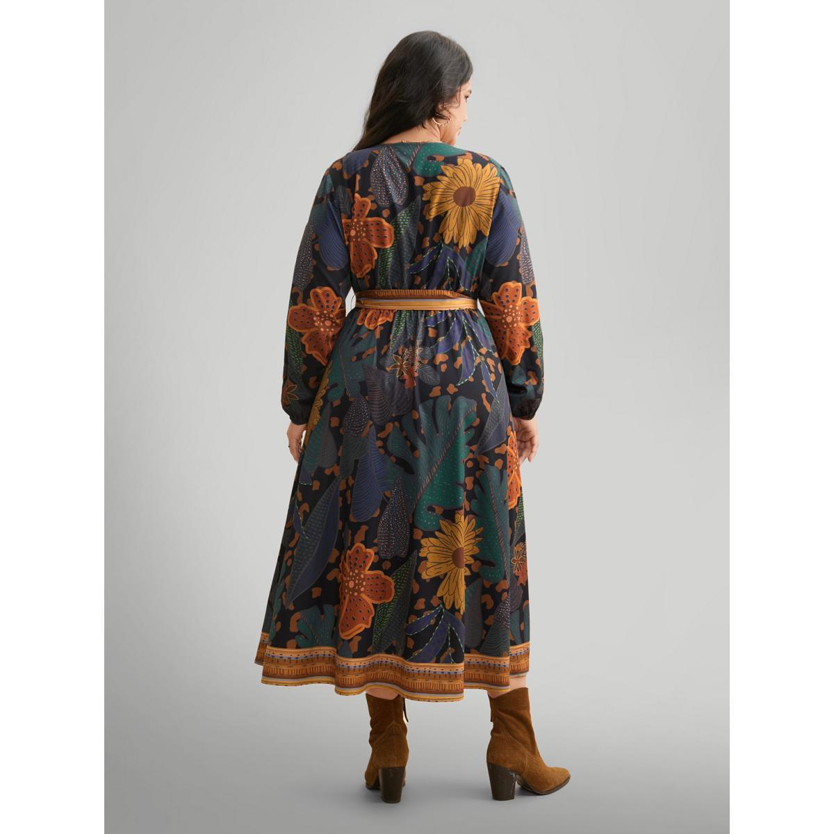 Plus Size Boho Print Belted Lantern Sleeve Dress Black Women Resort Belted Overlap Collar Long Sleeve Curvy BloomChic 22-24/3X Product Image