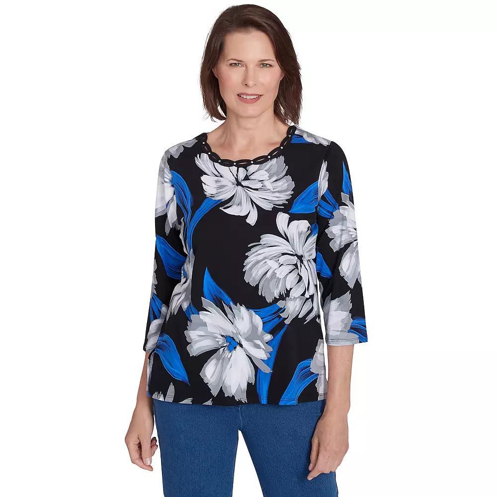 Petite Alfred Dunner Brushstroke Print Tee, Women's, Size: Medium Petite, Multi Black Product Image