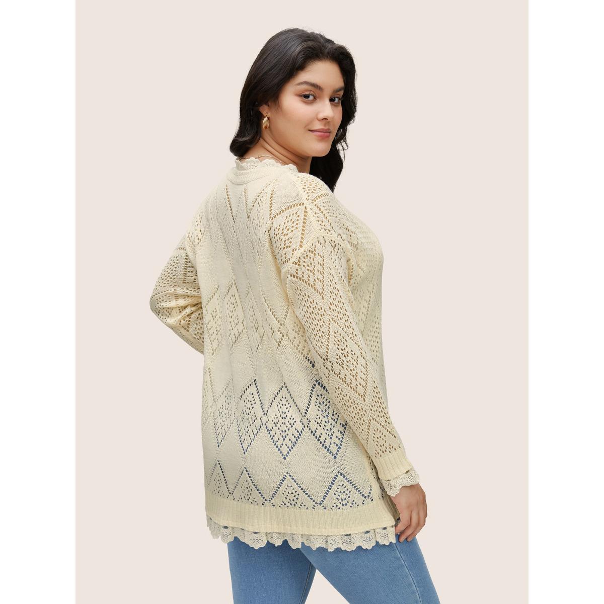 Plus Size Geometric Hollow Out Mesh Lace Panel Pullover Apricot Women Elegant Long Sleeve V-neck Everyday Pullovers BloomChic 28/5X Product Image