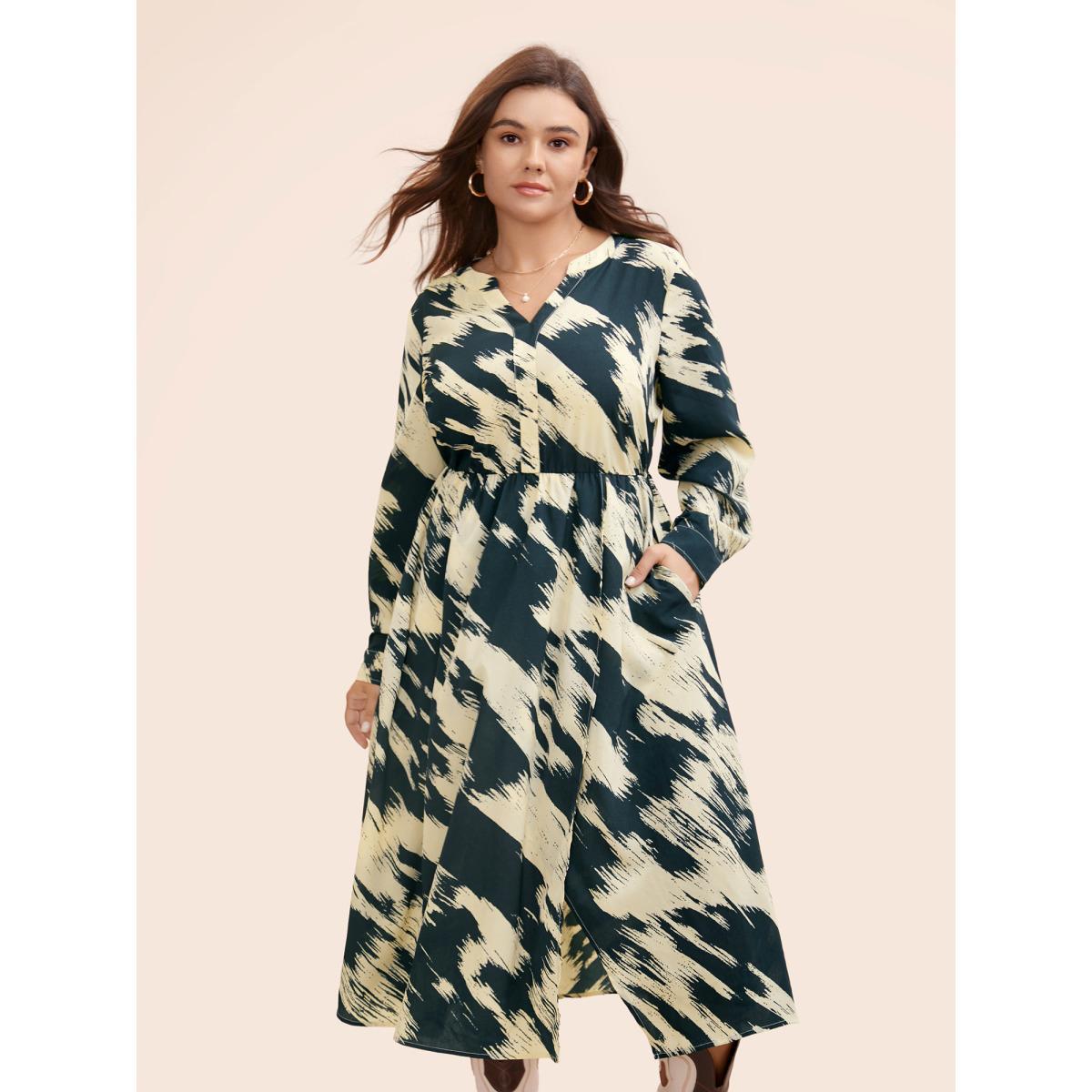 Plus Size Brush Print Notched Collar Midi Dress DarkSlateGray Women At the Office Contrast Notched collar Long Sleeve Curvy BloomChic 30/6X Product Image