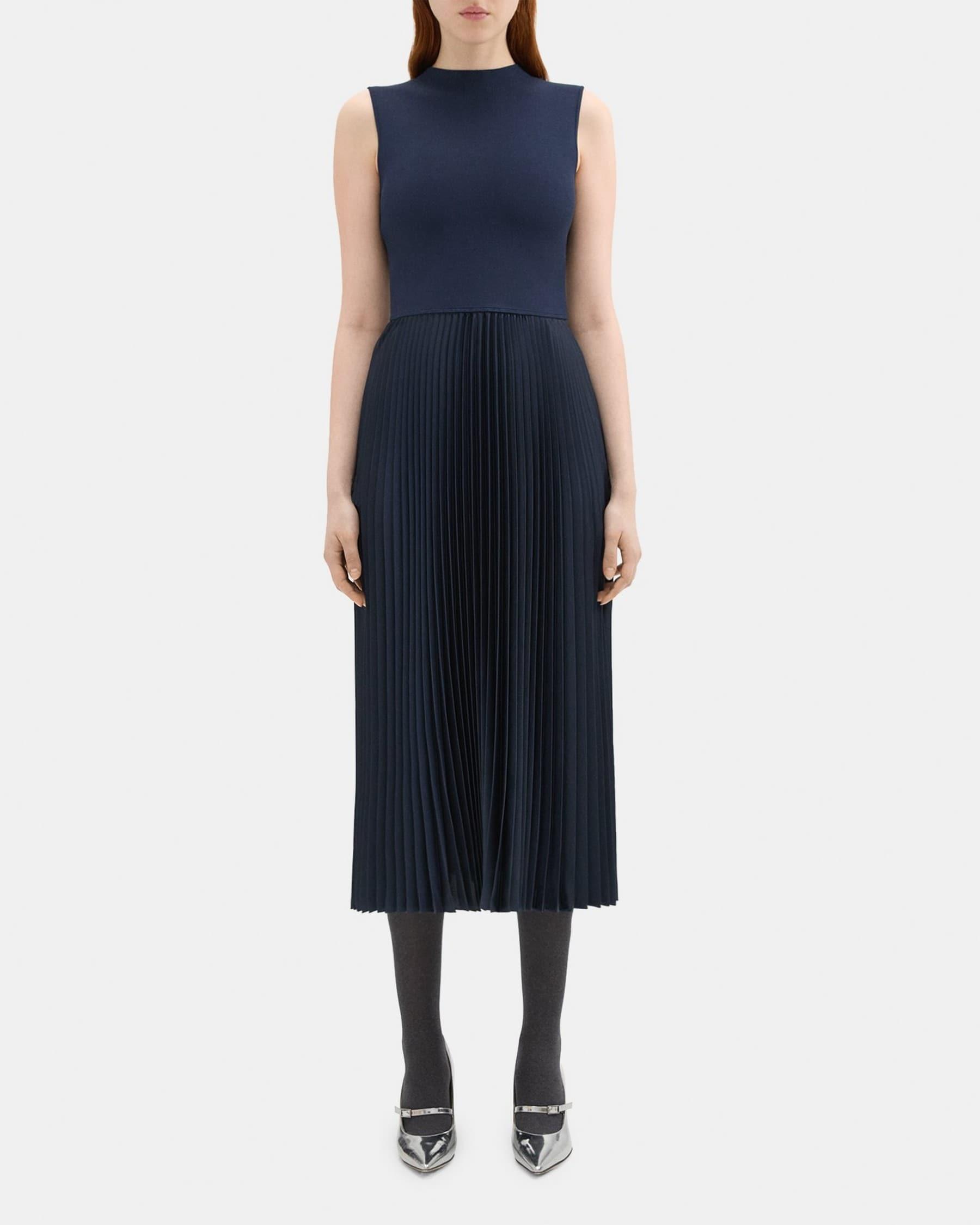 Pleated Combo Dress in Textured Satin Product Image