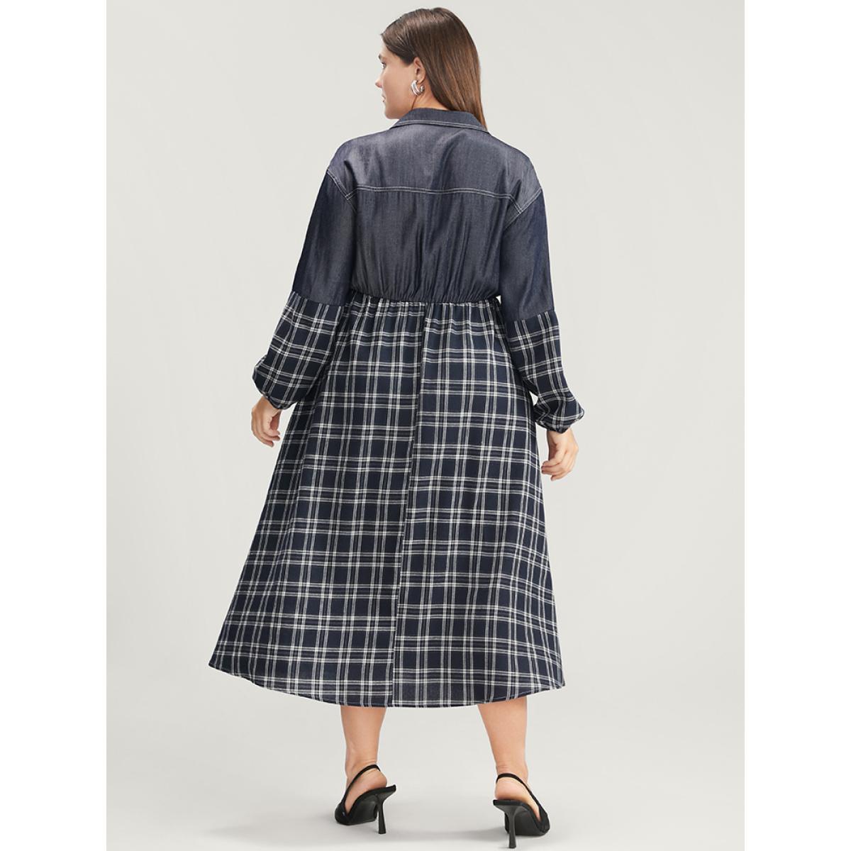 Plus Size Gingham Patchwork Button Pocket Shirt Collar Dress Without Belt Navy Women Office Patchwork Shirt collar Long Sleeve Curvy Midi Dress BloomChic 28/5X Product Image