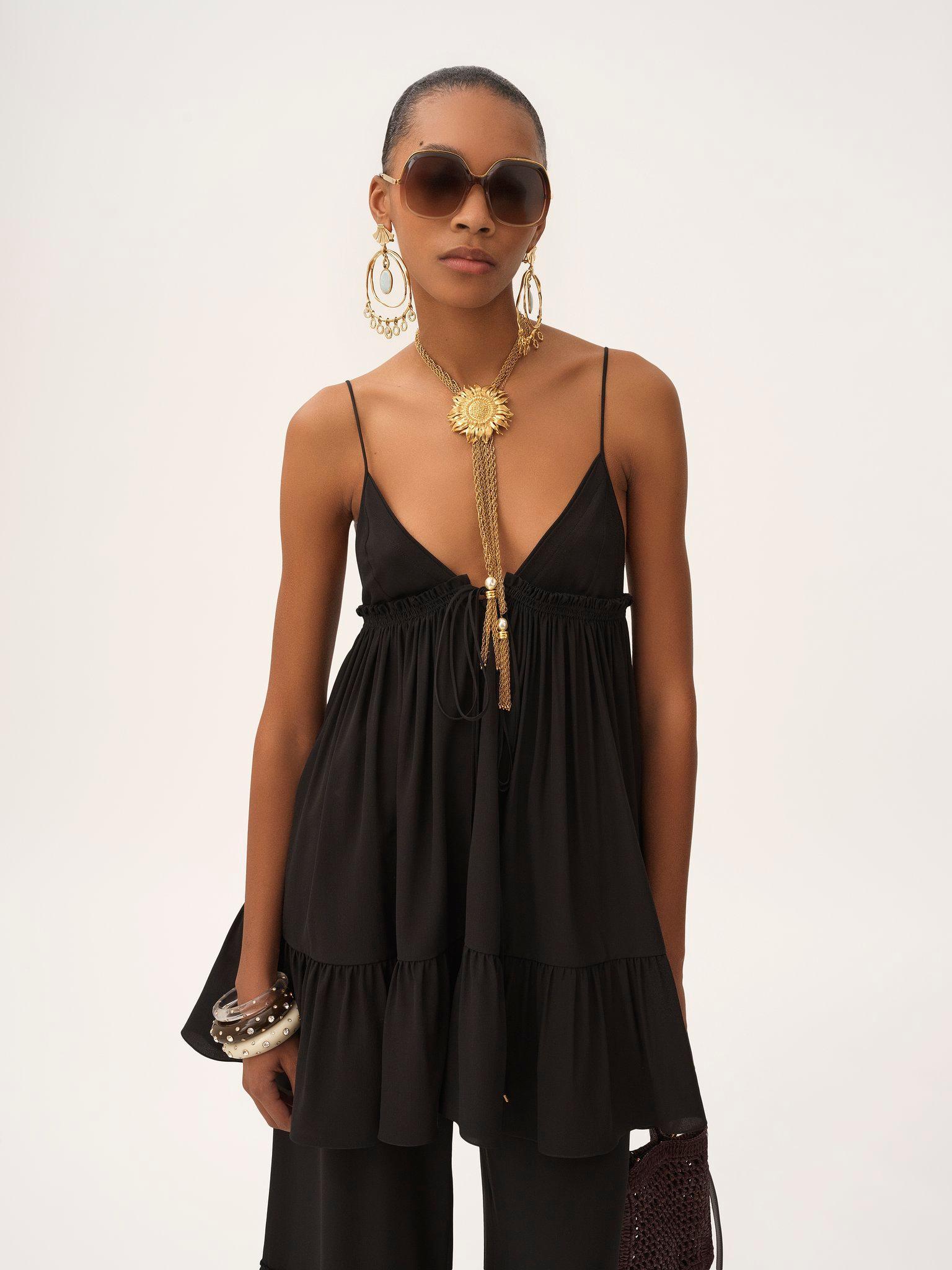 Thin-strap gathered mini dress in crêpe de chine Product Image
