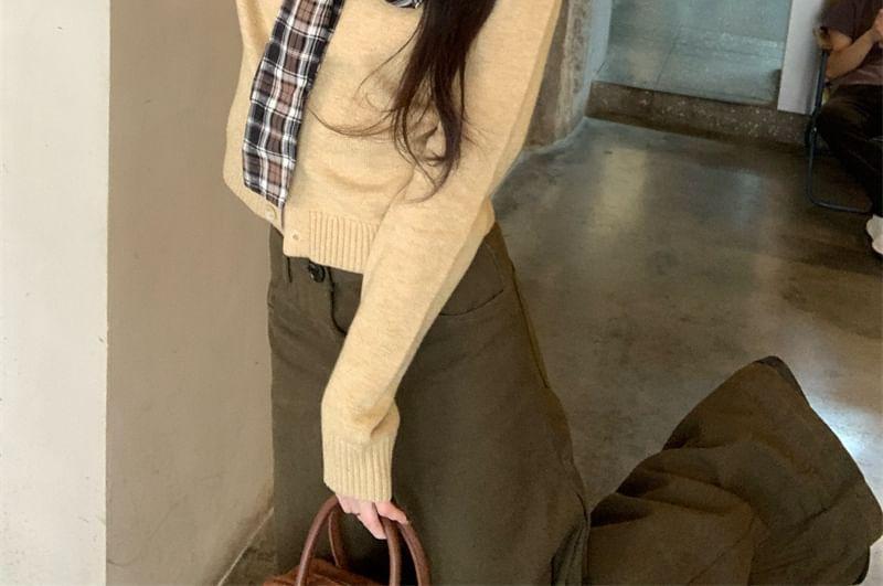 Mock Two-Piece Long-Sleeve Tie-Neck Plaid Panel Button Knit Top / Mid Waist Wide Leg Pants Product Image