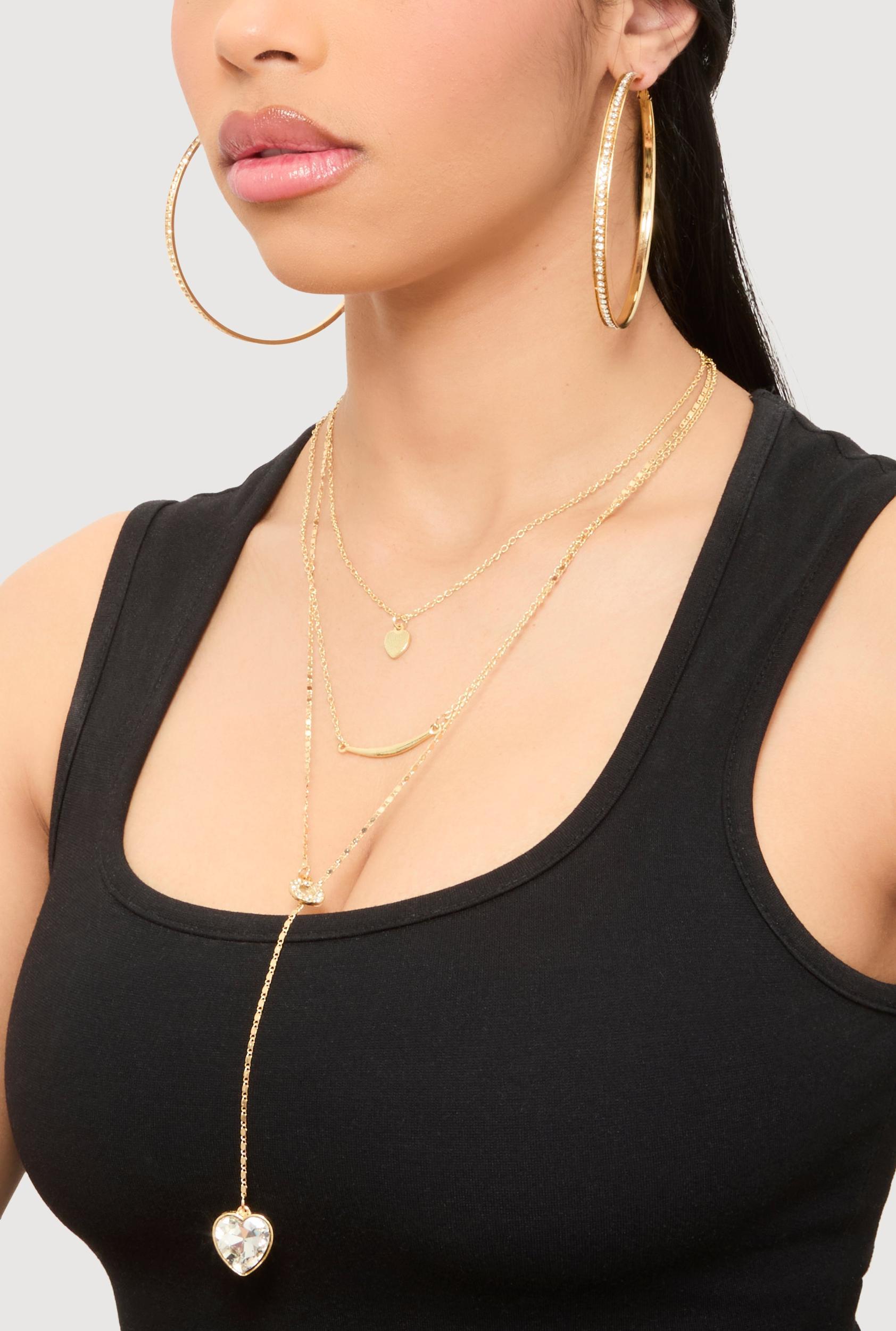 Heart Charm Layered Necklace and Hoop Earring Trio Set Female Product Image