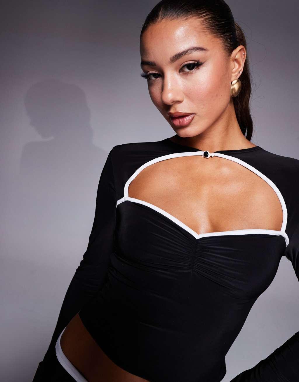 ASOS DESIGN long sleeve slinky contrast trim cut out top in black - part of a set Product Image