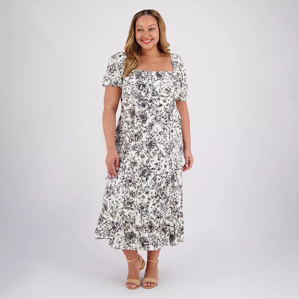 Plus Size London Times Floral Square Neck Puff Sleeve Empire Waist Midi Dress, Women's, Size: 14 W, Ivory Black Product Image