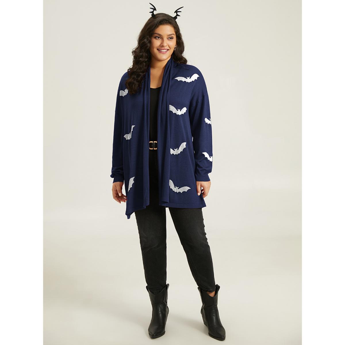 Plus Size Supersoft Essentials Halloween Bat Pattern Lapel Collar Cardigan Indigo Women Casual Loose Long Sleeve Festival-Halloween Cardigans BloomChic 10/M Product Image