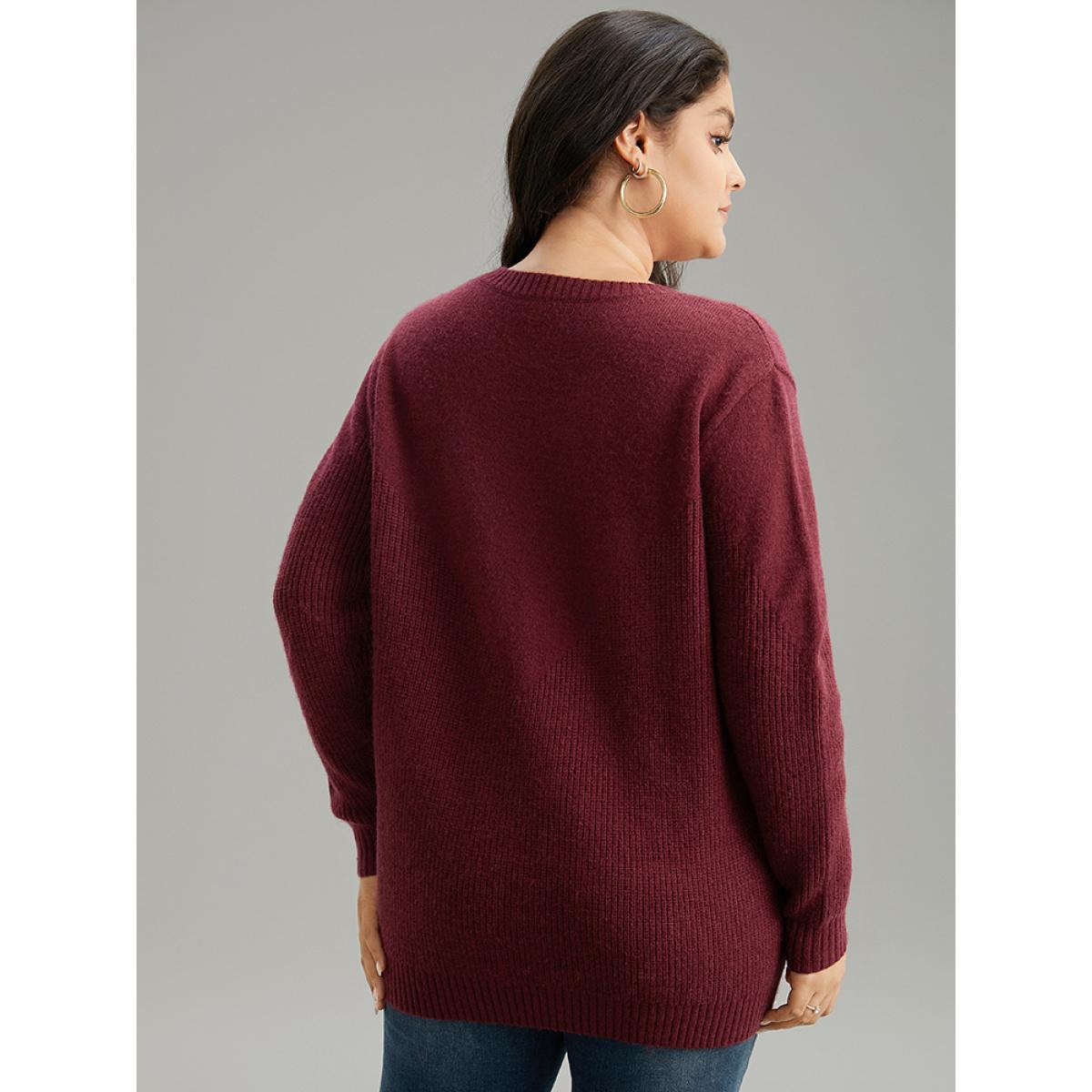 Plus Size Floral Embroidered Loose Elastic Cuffs Pullover Burgundy Women Casual Loose Long Sleeve Round Neck Dailywear Pullovers BloomChic 14-16/1X Product Image