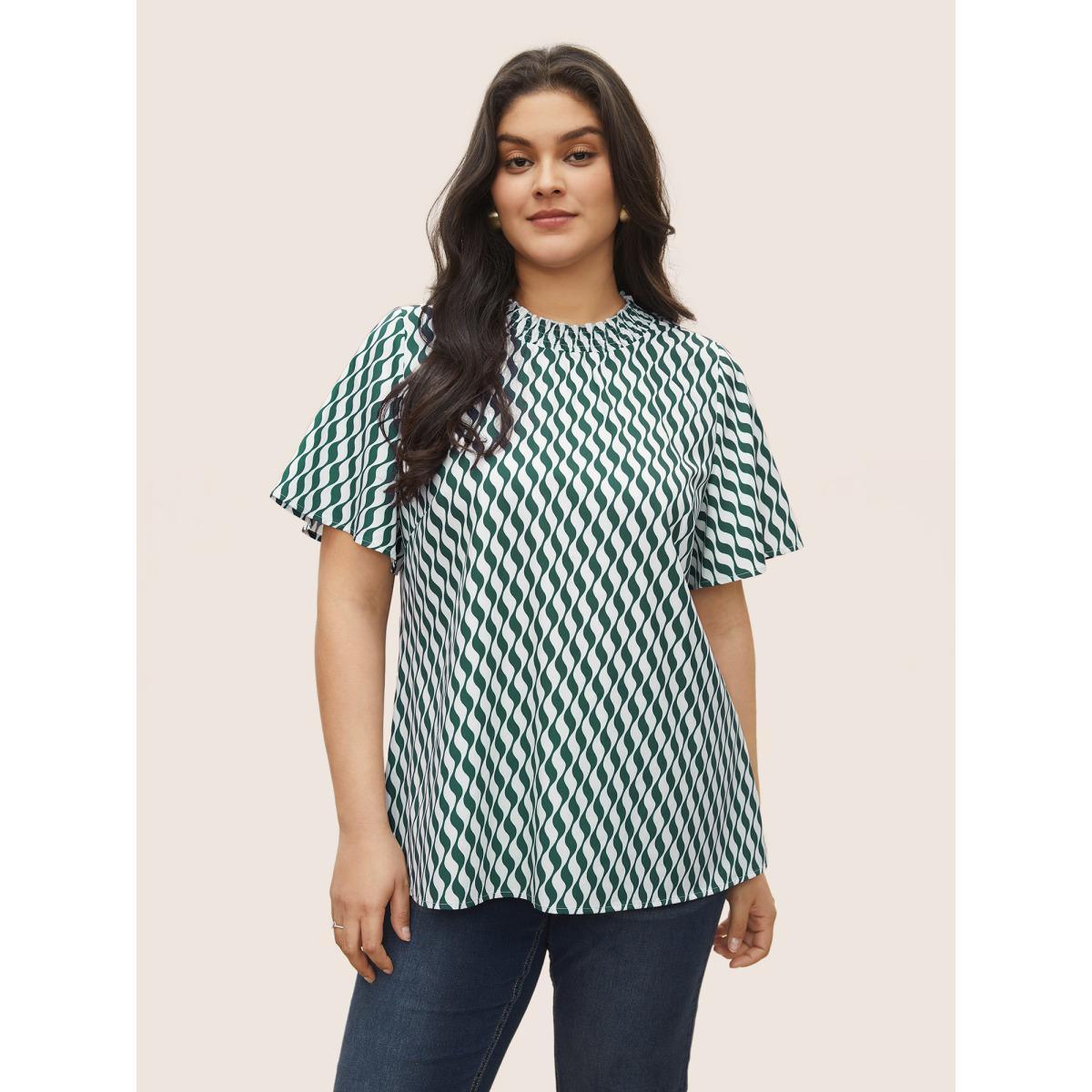 Plus Size DarkGreen Geometric Mock Neck Shirred Ruffle Sleeve Blouse Women At the Office Short sleeve Mock Neck Work Blouses BloomChic 12/L Product Image