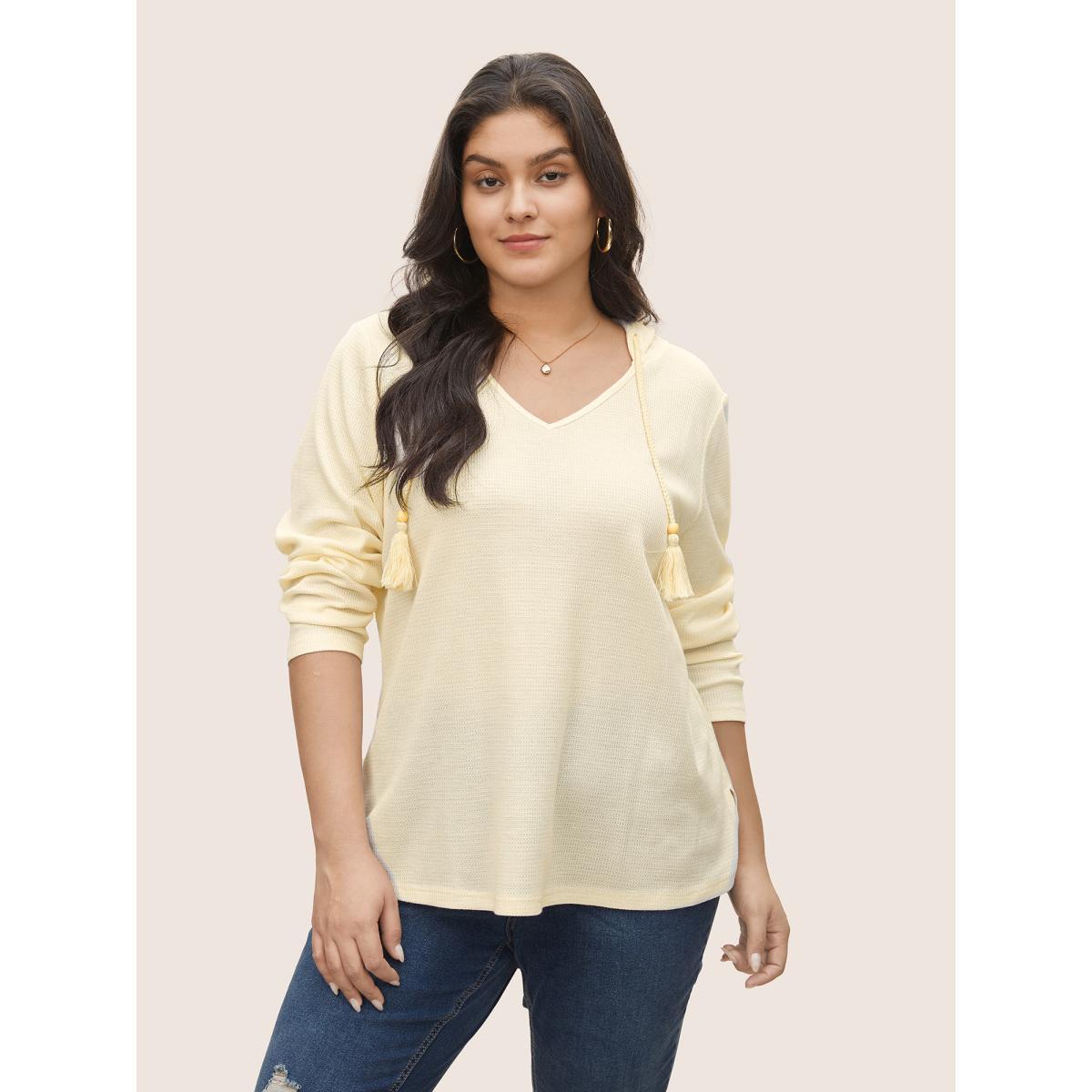 Plus Size Plain Waffle Knit Tassel Trim Hooded Sweatshirt Women Beige Casual Tassels V-neck Everyday Sweatshirts BloomChic 18-20/2X Product Image