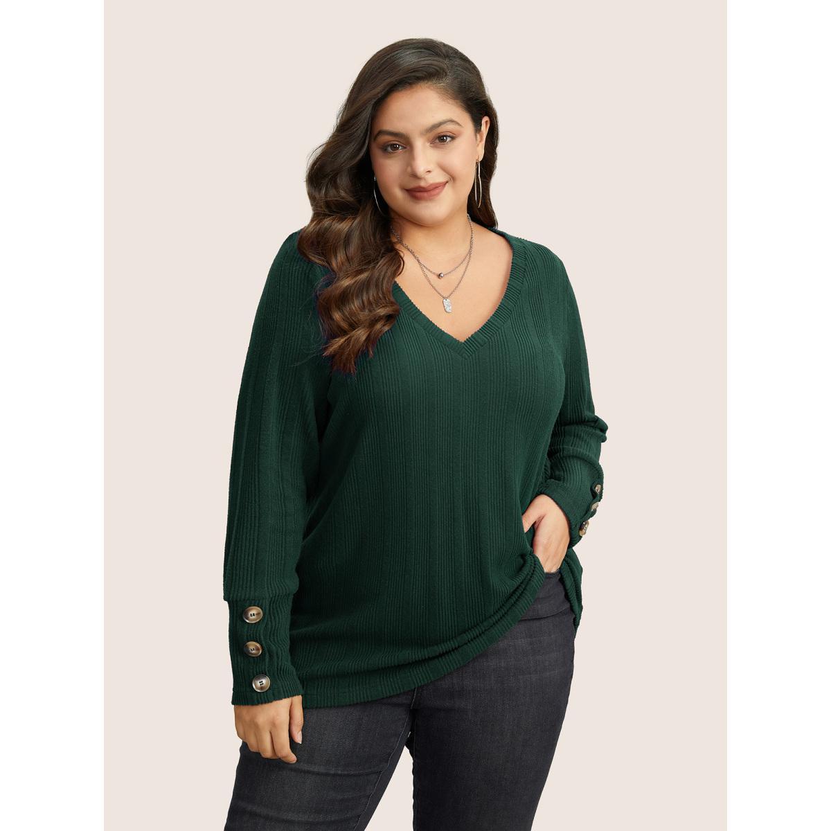 Plus Size Rib Knit V Neck Button Detail T-shirt Eggplant Women Casual Non Plain V-neck Everyday T-shirts BloomChic 28/5X Product Image