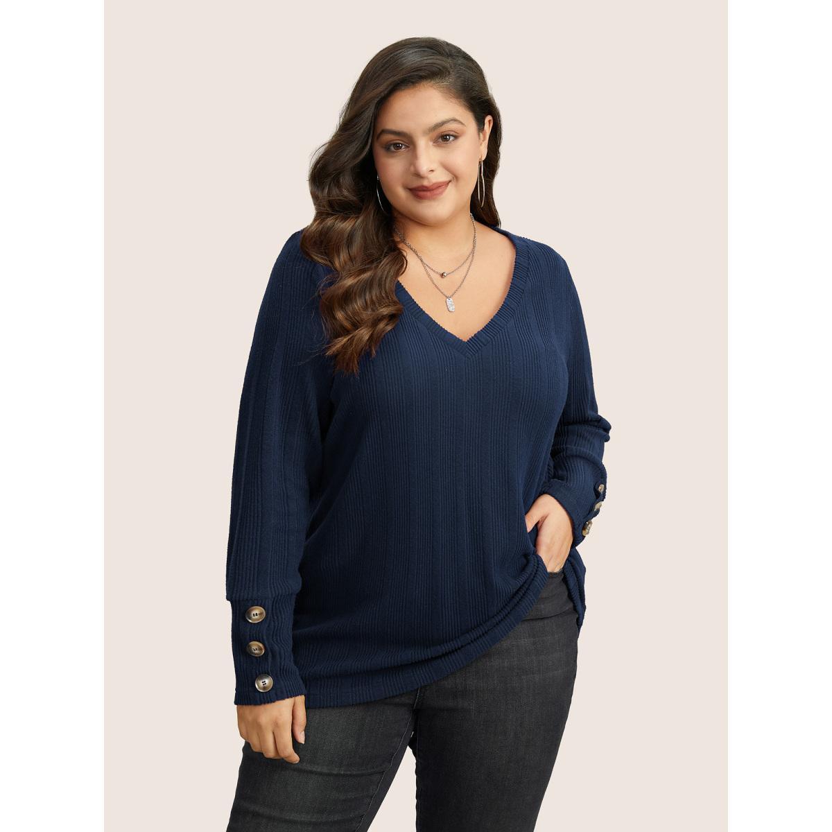 Plus Size Rib Knit V Neck Button Detail T-shirt Black Women Casual Non Plain V-neck Everyday T-shirts BloomChic 22-24/3X Product Image