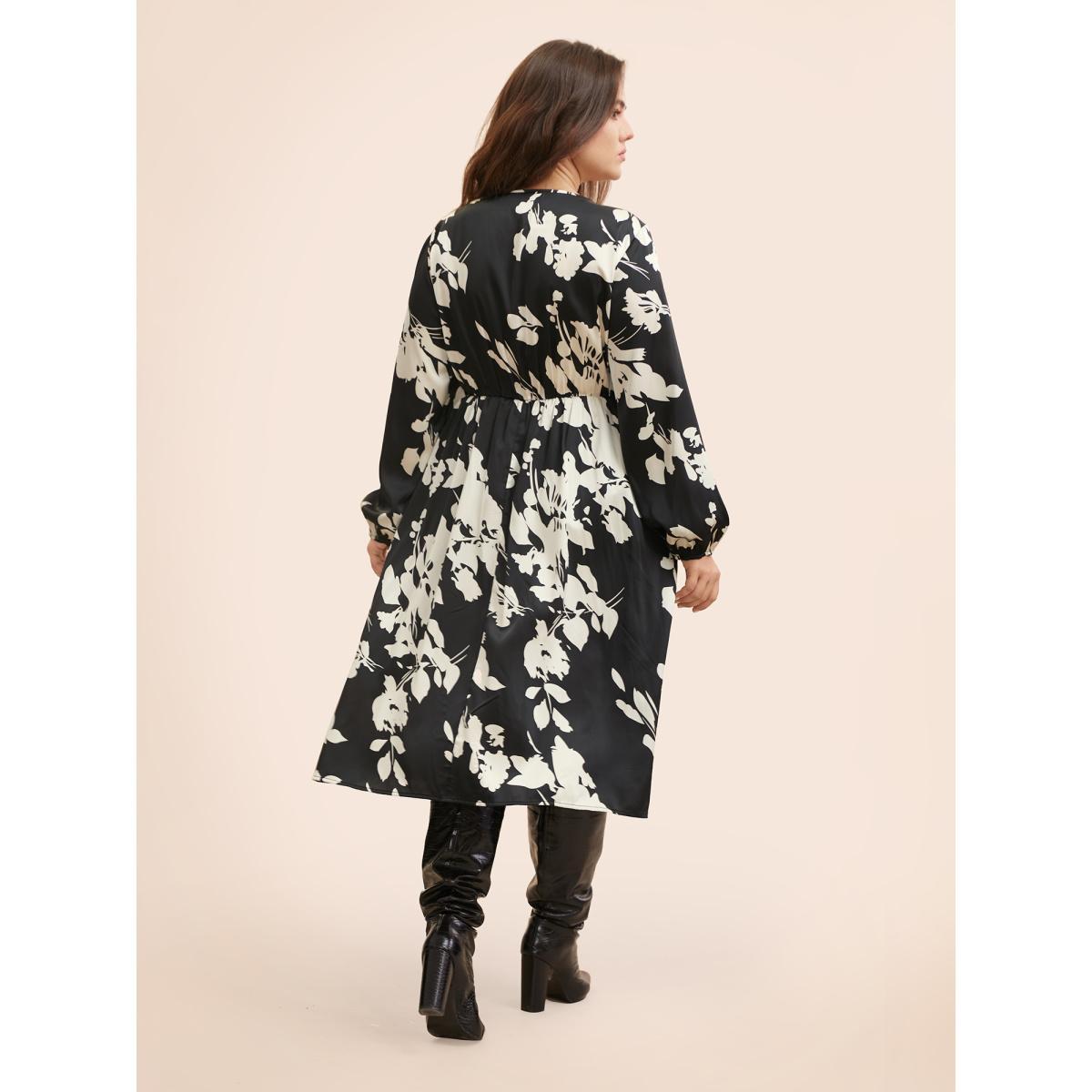 Plus Size Overlap Collar Silhouette Floral Print Gathered Dress Black Women Elegant Slit Overlap Collar Long Sleeve Curvy BloomChic 14-16/1X Product Image