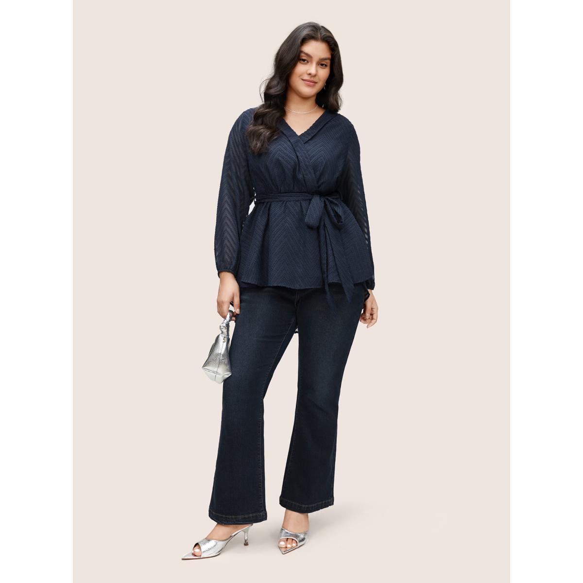 Plus Size Indigo Plain Textured High Low Hem Ties Blouse Women Office Long Sleeve Overlap Collar Work Blouses BloomChic 12/L Product Image