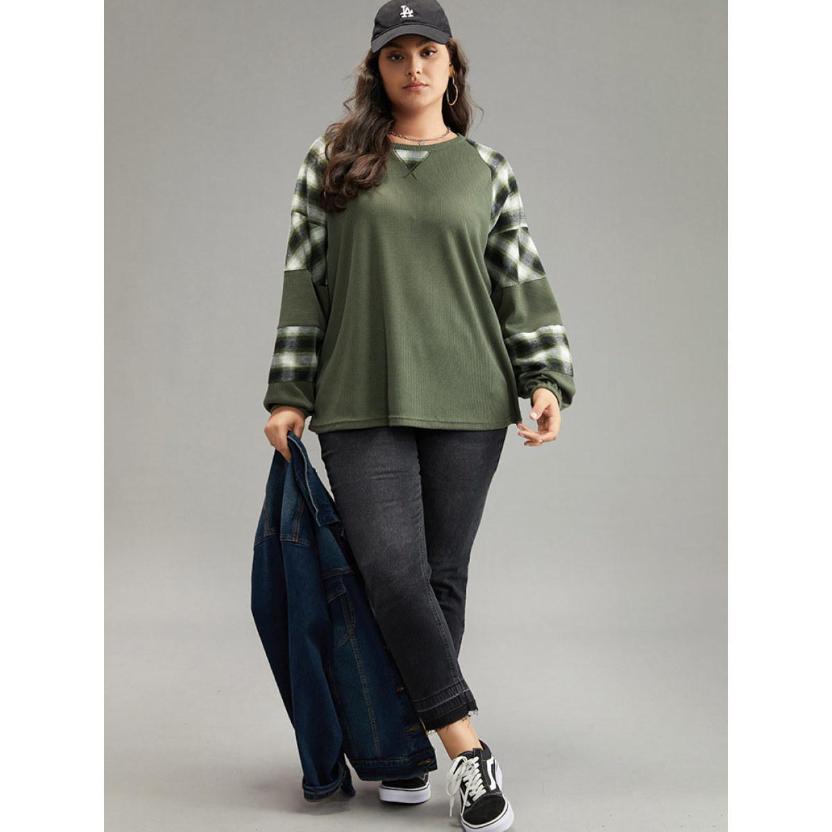 Plus Size Plaid Patchwork Rib Knit Elastic Cuffs Sweatshirt ArmyGreen Women Casual Elastic cuffs Plaid Round Neck Dailywear T-shirts BloomChic 26/4X Product Image
